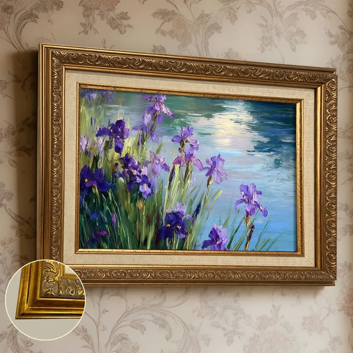 1Count Vintage Framed Painting, Purple Iris Flowers By Lakeside, Nordic Style, Retro Poster Art, Valentine'S Day Gift, For Living Room, Bedroom, Office Decor, Print Canvas Artwork