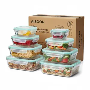 AISOON 8-Pack Borosilicate Glass Food Storage Containers with Airtight Locking Lids, Leakproof Meal Prep Bento Boxes (4 Rectangular + 4 Square) with Free Wheat Straw Utensil Set, Microwave/Oven/Freezer Safe