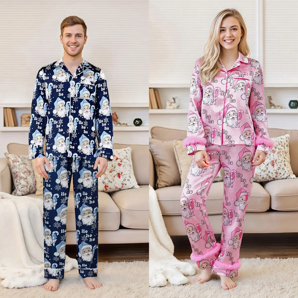 Family Matching Christmas Pajamas Set Santa Letter Print Holiday Satin Sleepwear Dad Mom Kids Pjs Christmas Family Photo Outfits