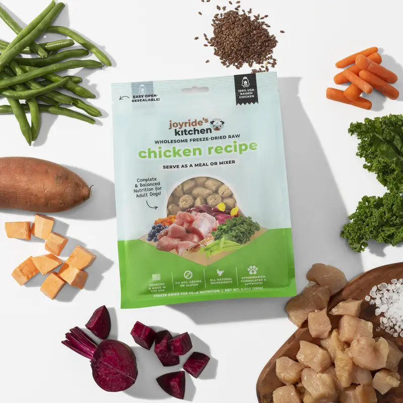 Joyride’s Kitchen Freeze-Dried Chicken Dog Food - USA-Made Grain-Free Human-Grade Raw Feed, 1.5 lb/14 oz, Zinc, Ground Krill, Carrots, Chicken Hearts, Kale, Nutritional Yeast, Sea Salt, Rehydratable Meal Topper, Picky Eater Support, Training Treats