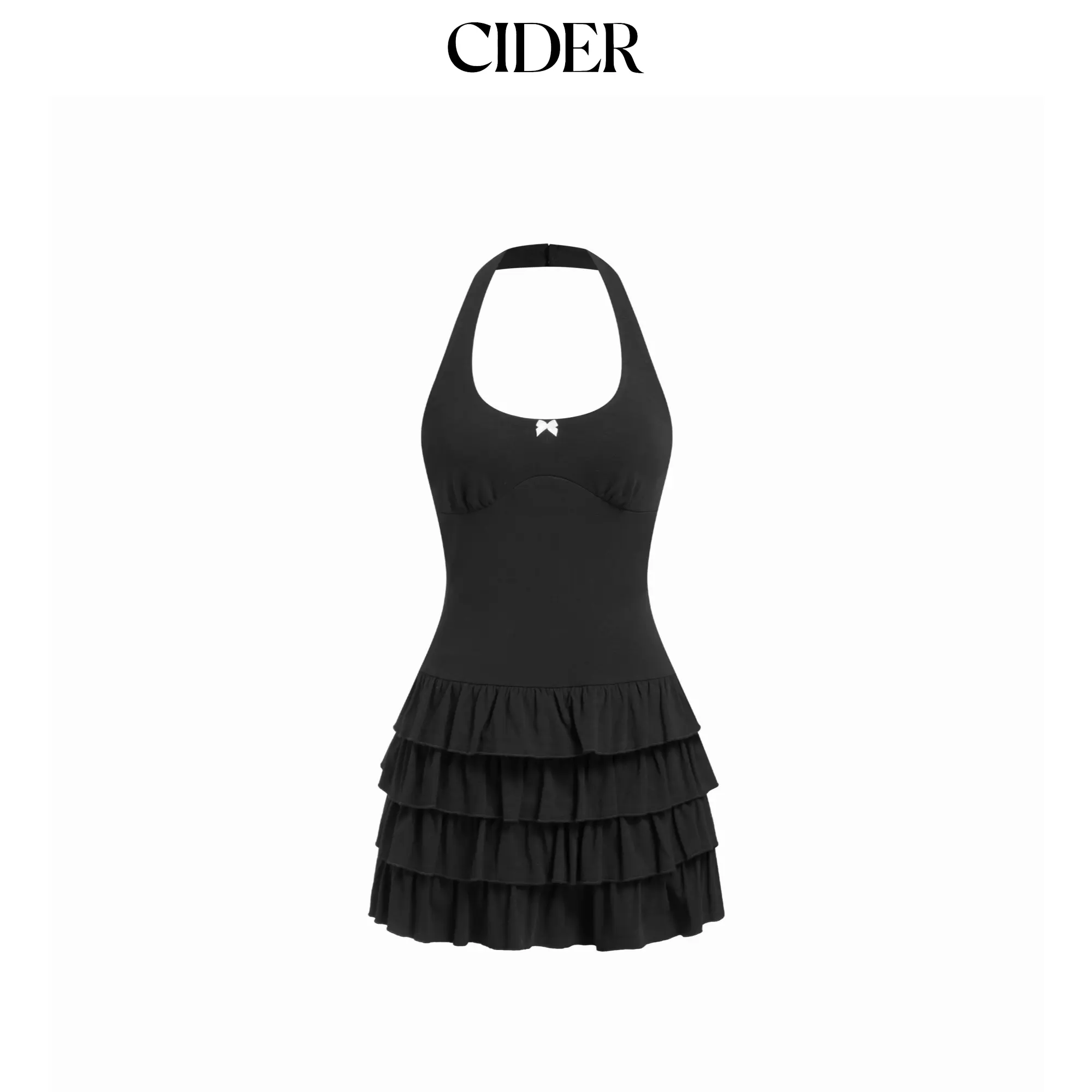 Cider Cotton-blend Scoop Neck Bowknot Tiered Mini Dress