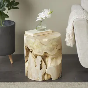 Light Brown Teak Wood Handmade Live Edge Tree Stump Side End Accent Table with Natural Cutouts
