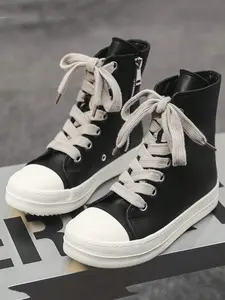 Men's Retro Thick Sole High Top Sneakers, Cream Rubber Sole Leather High Top Boots, Streetwear, Motorcycle Style, Dating