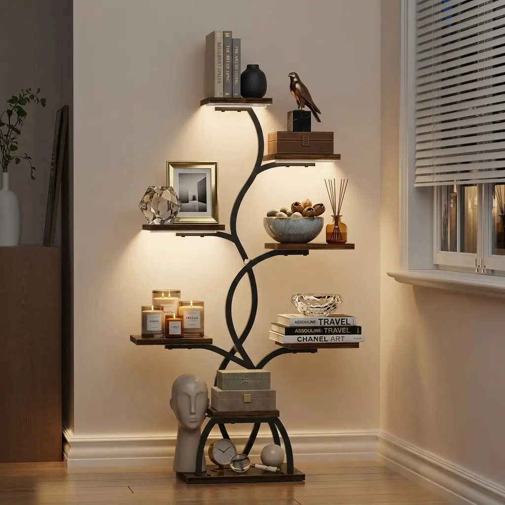 Bookshelf with Lights - 8 Tier Corner Storage & Display Shelf, 49" Tall Bookcase Organizer with LED Lights, Decorative Stand Rack for Living Room, Balcony, Black Artistic