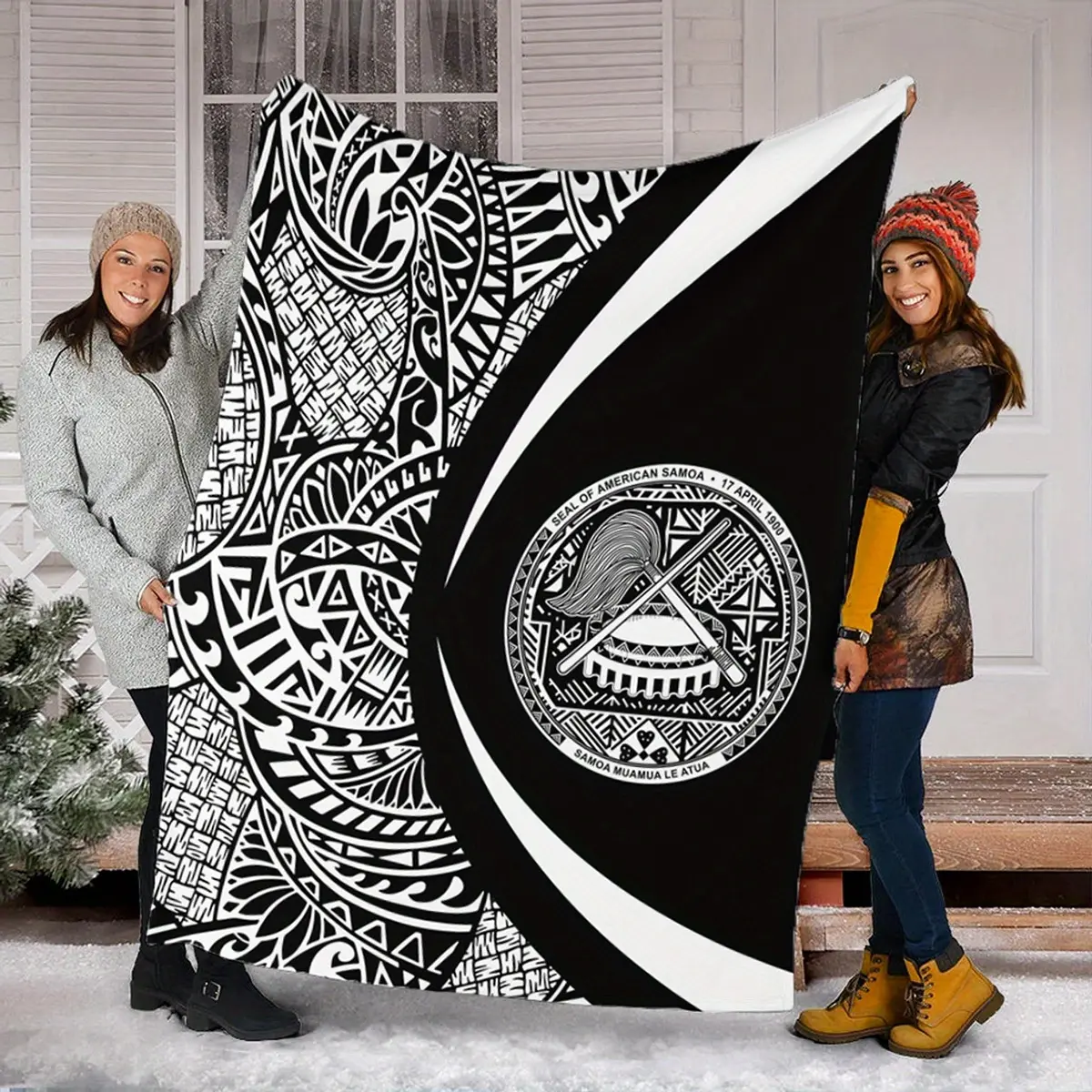 American Samoan Premium Plush Throw Blanket - Soft Lightweight All-Season Vintage Geometric Pattern, Black & White Circular Design for Bed, Couch, or Home Decor, Decorative Quilt |   Cultural Motif