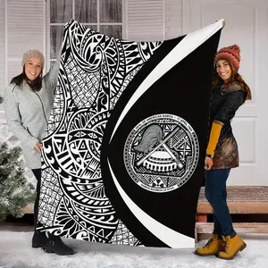 American Samoan Premium Plush Throw Blanket - Soft Lightweight All-Season Vintage Geometric Pattern, Black & White Circular Design for Bed, Couch, or Home Decor, Decorative Quilt |   Cultural Motif