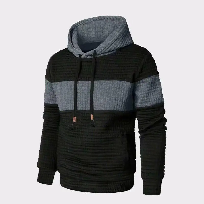 Men's Jacquard Colorblock Long Sleeve Hoodie with Patchwork Contrast Color, Casual Everyday Wear, Stylish Streetwear for Men Menswear Sweatshirts Tops Pullover Fashion Black And GrayGift