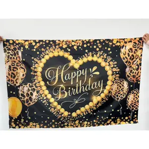 Leopard Print Happy Birthday Banner Decoration, & Polyester Fabric, Balloon Design, Elegant Wall Decor for Parties