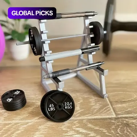 Gym Themed Desk Pen Holder, Desktop Pen Holder, 1-Count Multi-Grid Pen Stand with Mini Barbell Decor, Desk Organizer & Marker Storage for Home, Office & School, Office Work Accessories, Ideal Gift for Fitness Enthusiasts, Desk Accessories #GLOBAL PICKS
