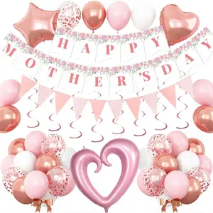Mothers Day Decorations – Happy Mother’s Day Banner with Rose Gold Latex & Foil Balloons, Hanging Swirls for Pink Mothers Day Party Supplies