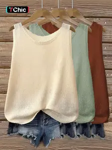 Women's Plain Round Neck Half-Transparent Casual Loose Knit Vest Set, Three-Piece Crop Top, Comfortable and Versatile