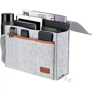 Bedside Felt Hanging Storage Organizer Caddy with 5 Pockets for Magazine Book Phone Tablet iPad Cables Remote Water Bottle, for Home Dorm Bed Sofa Light Gray