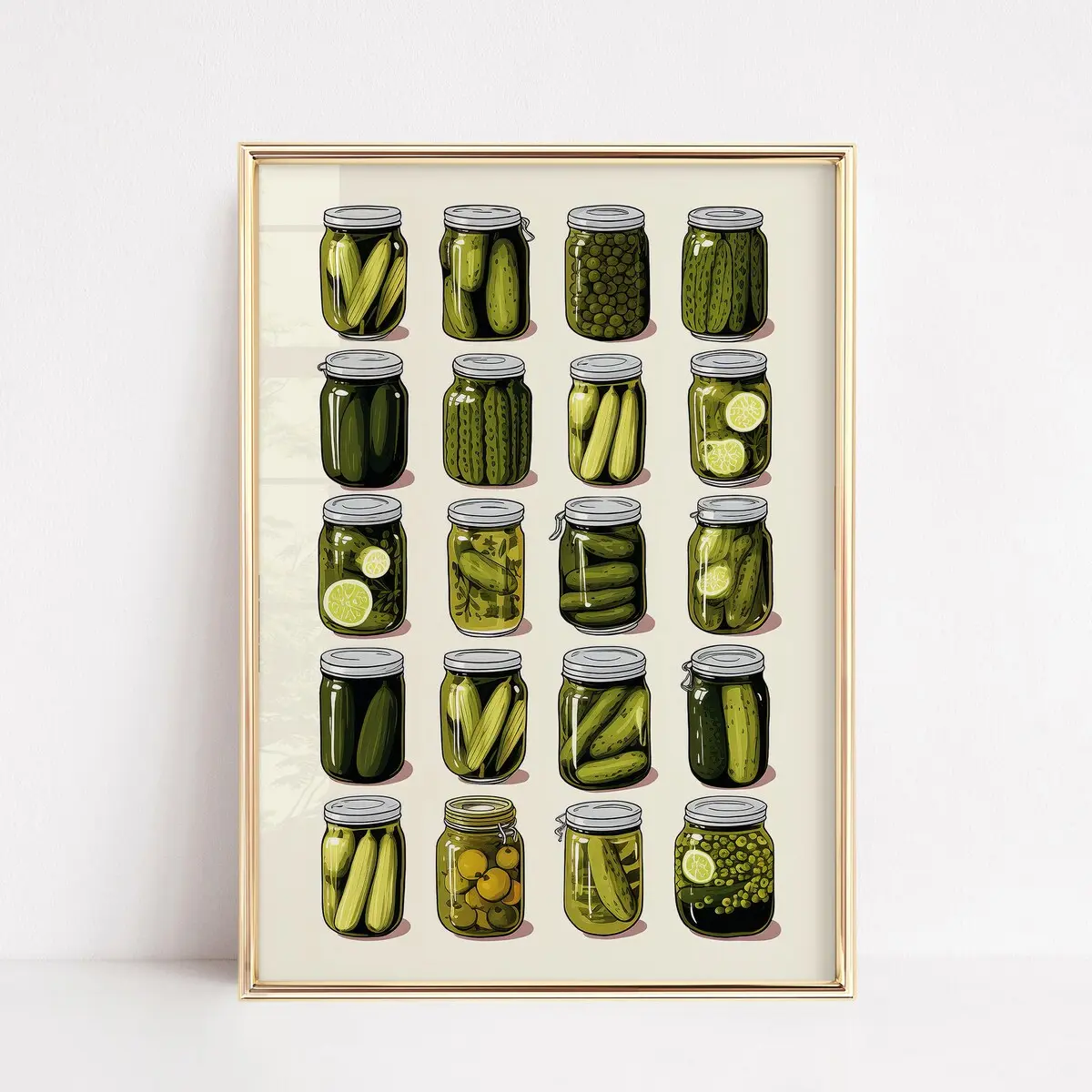 Fun Retro Vintage Food Home Poster, Kitchen Bar Cart Pickles, Pickle Jars, Wall Art Living Dining Room, Green White, House Decor, Room Decor