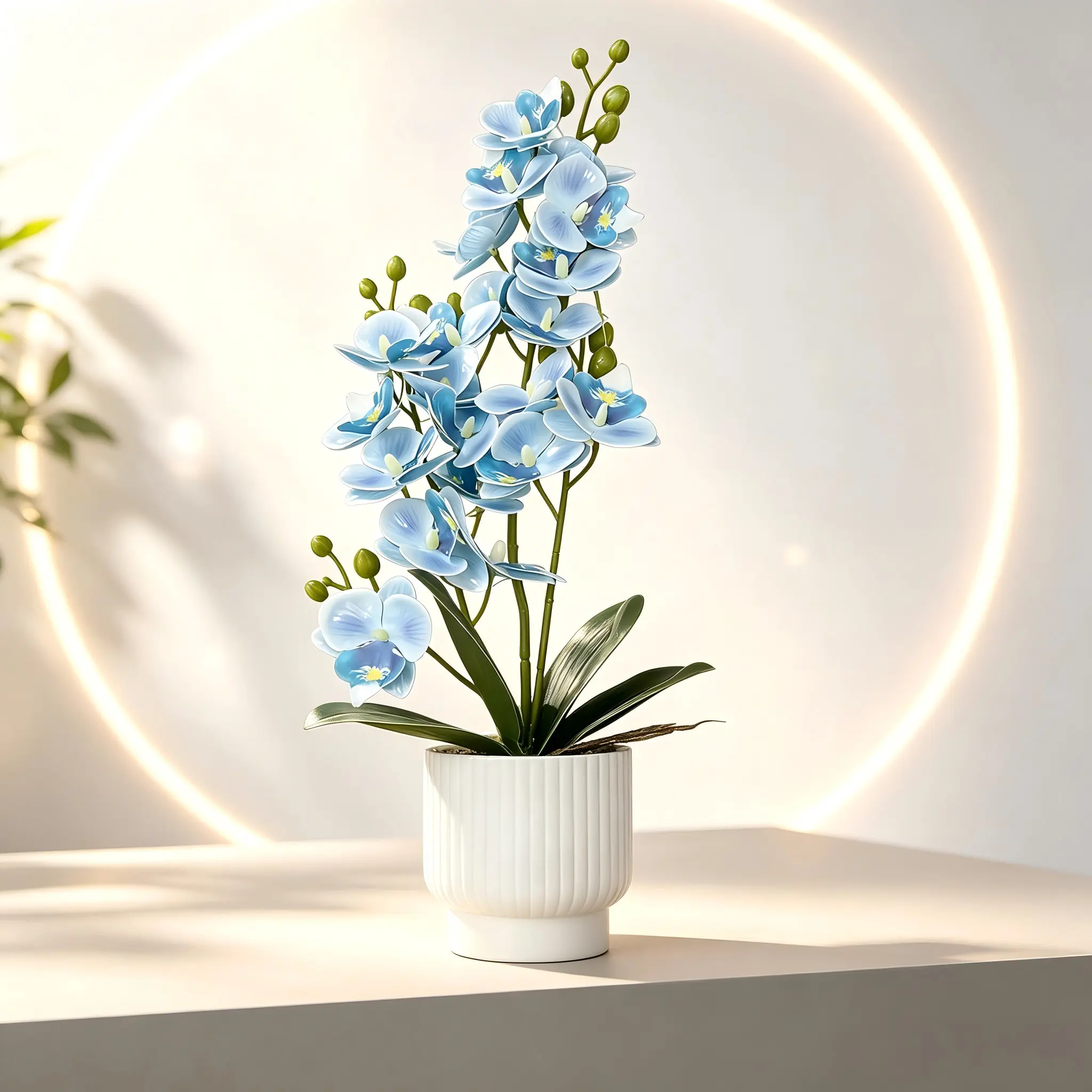 Artificial Light Blue Phalaenopsis Orchid Set, Decorative Fruit Plants Style Faux Flower Centerpiece in Ceramic Pot, Ideal Home Decor Gifts for Housewarming Wedding Christmas