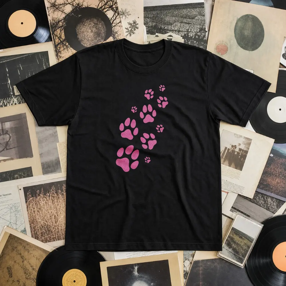 Women's Cotton T-Shirt with Retro Paw Print Graphic, Casual Shortsleeve Crew Neck Top, Loose Fit for Pet Lovers, Women's Clothes