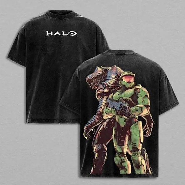 Halo Master Chief & Arbiter Vintage Acid Wash Graphic Tee - Premium Heavyweight Cotton Retro Gaming T-Shirt - Streetwear Fan Merch Gift - High Quality DTG Print