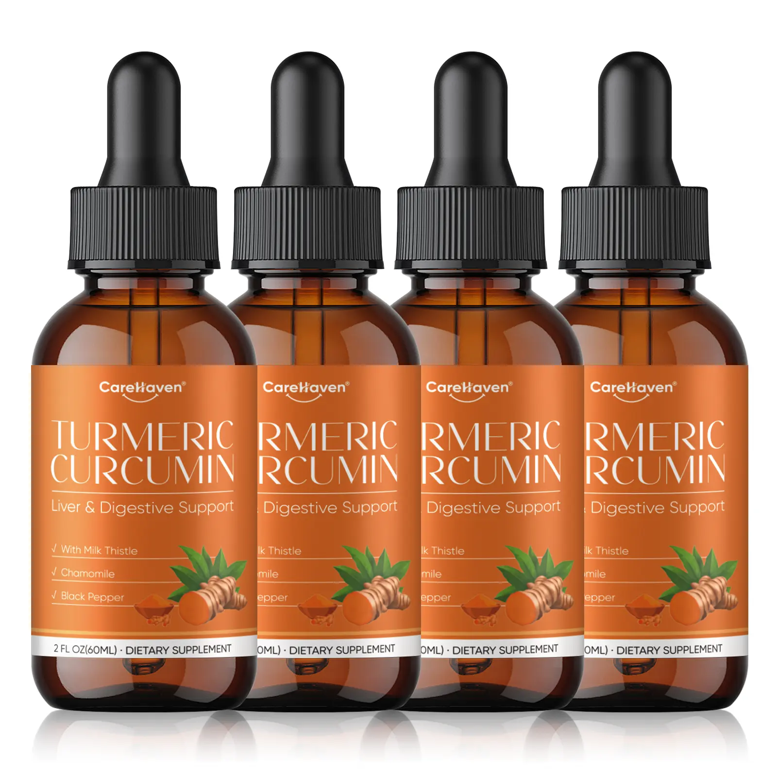 4 PACK Turmeric Curcumin & Milk Thistle Liquid Drops for Liver Health Support | Herbal Blend with Dandelion, Chamomile, Black Pepper & Ginger | Orange Flavor | 2 fl oz