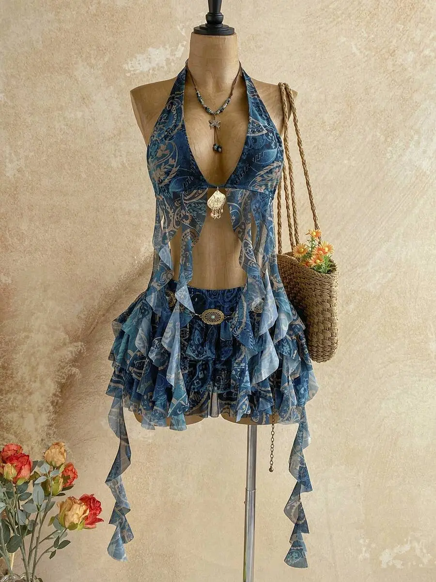 DAMIKA Spring/Summer Casual Vacation Western Beach Wedding Guest Outfit Graduation Brunch Women's Wear St. Patrick's Day Spring Break Easter Music Festival Elegant Bohemian Tropical Exaggerated Ruffle Metallic Decor Party Outfit Women'