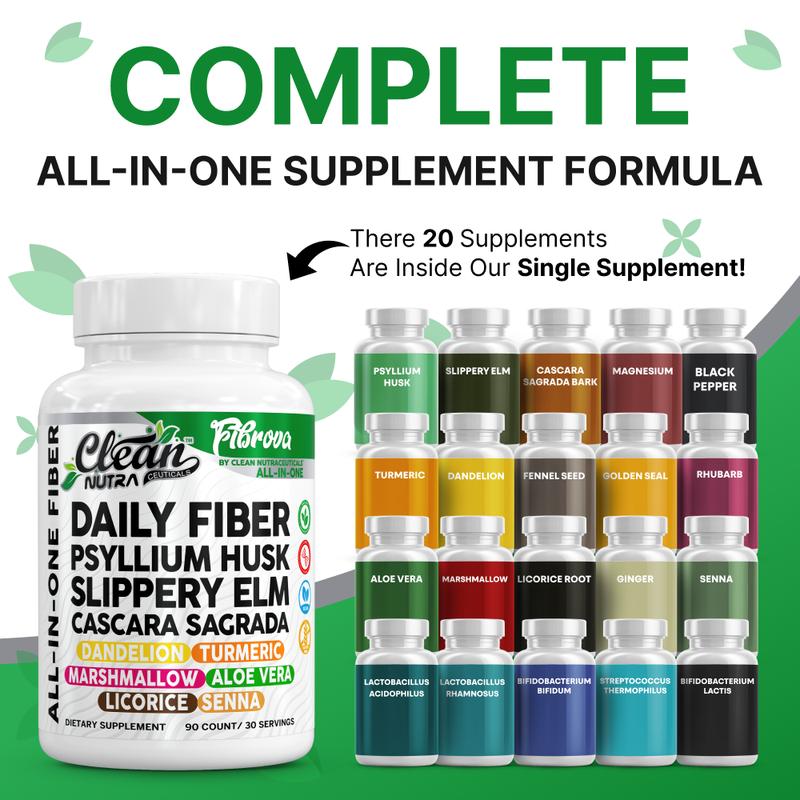 Clean Nutra Psyllium Husk, Slippery Elm & Aloe Vera Fiber Supplement for Digestive Health & Daily Fiber Support - Fibrova
