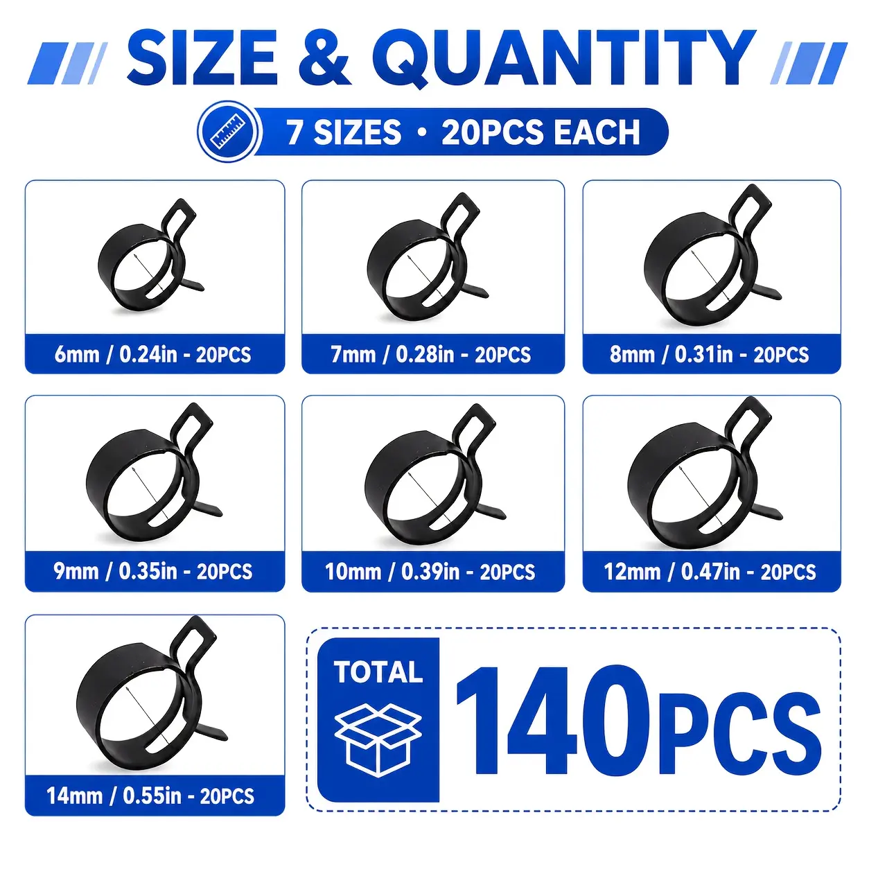 140PCS Spring Hose Clamp Assortment Kit, 7 Sizes 6mm-14mm, Black Spring Steel Fuel Line & Vacuum Hose Clamps, 20PCS each, for automotive, home & industrial use