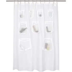 Water Repellent Fabric Shower Curtain or Liner with 9 Mesh Pockets - White, 71x72 Inches