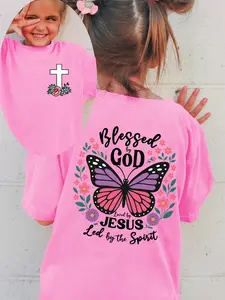 Girls "Blessed by God" Religious Butterfly T-Shirt, Kids Christian Faith Graphic Tee