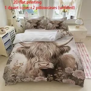 Highland Cow Flower Print Decorative Bedding Set (3-Piece), Includes 1 Duvet Cover and 2 Pillowcases (No Fill), Perfect for Cozy Bedroom Decor