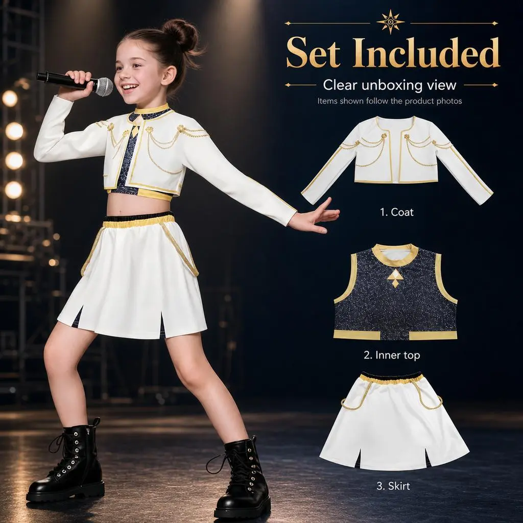 Girls' 3-Piece Glitter K-pop Stage Outfit, Kids' Performance Costume Set for Jazz Dance polyester spiderman spiderman polyester original