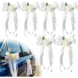 6PCS Wedding Car Door Handle Flowers, White Artificial Cars Rearview Mirror Bouquet Flower Bowknot Ribbon Decors, Just Married Automotive Decoration Accessories for Door Handles and Rearview Mirrors