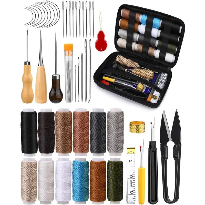 Heavy Duty Sewing Kit, 48pcs Needle and Thread Kit with Upholstery Thread Needles Sewing Awl Seam Ripper, Upholstery Repair Sewing Kit for Car Seats Carpets Shoes Backpacks DIY Crafting
