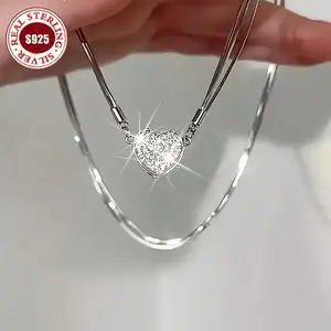 925 Silver Women's Pendant Necklace Low-Allergy Three-Layer Heart Inlaid Bohemian Classic Jewelry Suitable for Weddings Anniversaries Valentine's Day Daily Wear Gift Occasions