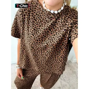 Summer leisure leopard pattern loose fit T-shirt, pull rope belt straight legs cut trousers suit, clothing, women's clothing