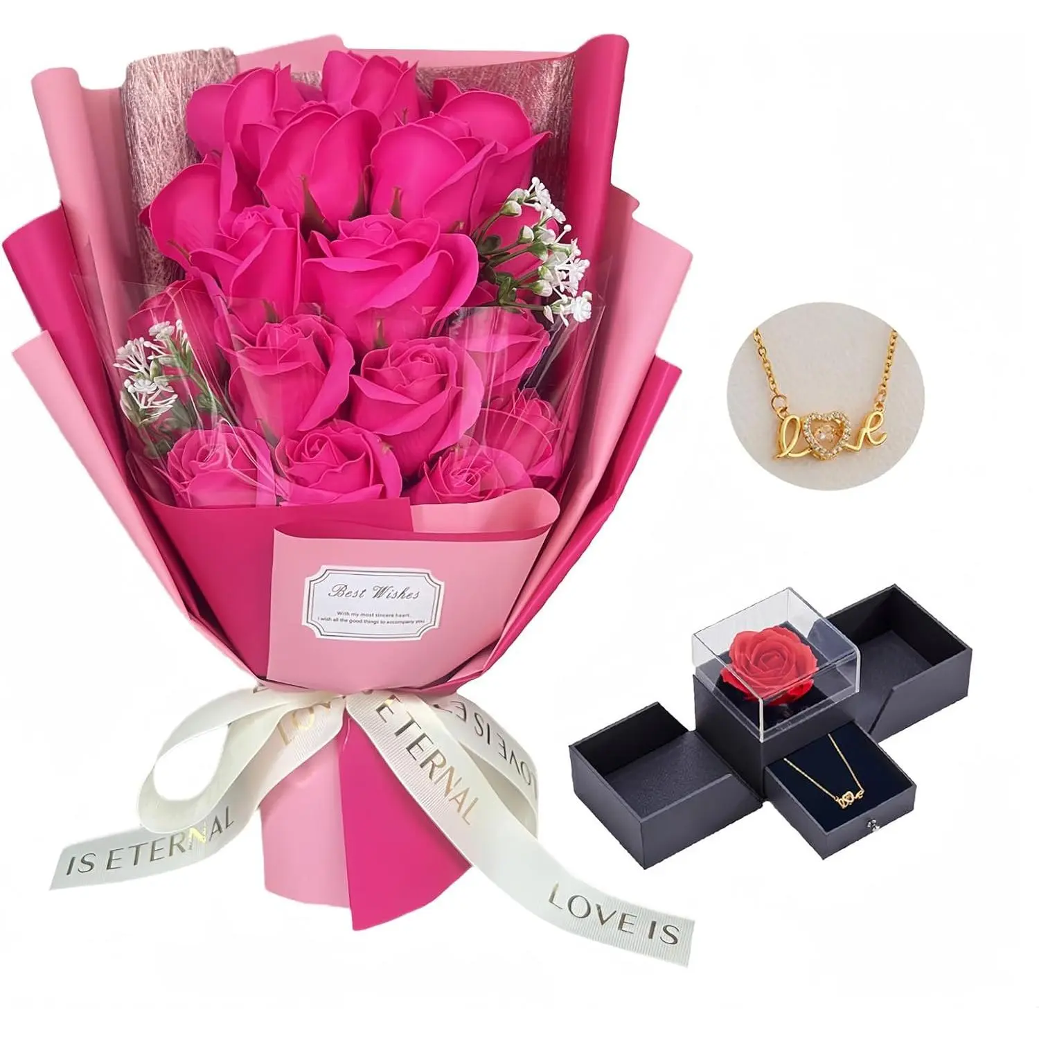 Roses Bouquet Artificial Flower - Preserved Red Rose  with Love Necklace for Her -  Gifts Valentine's Day, Mother's Day, Thanksgiving, Birthday, Anniversary (512)