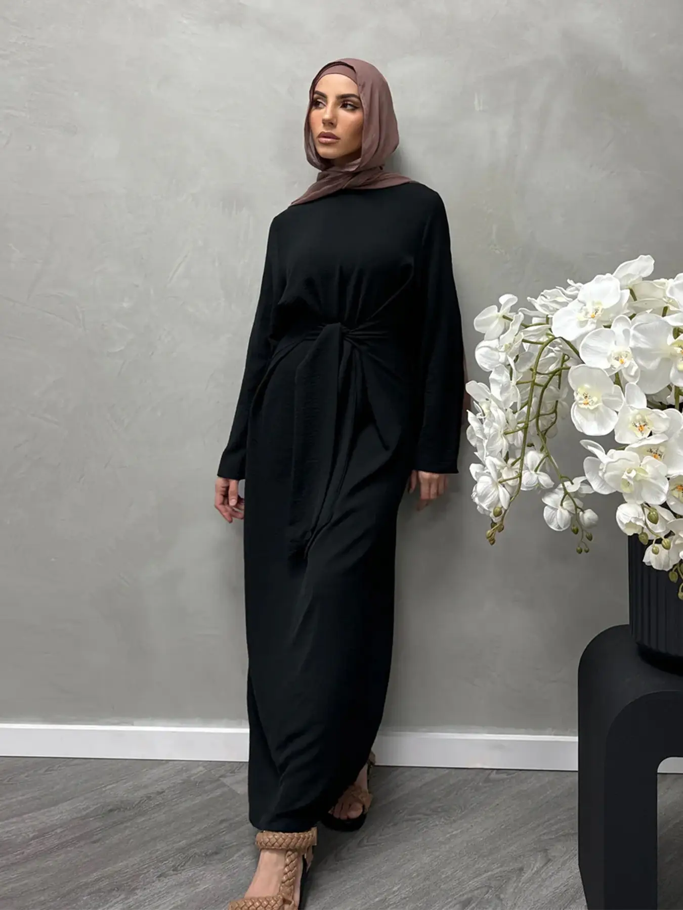 Women's Solid Color Knot Front Long Sleeve Dress, Modest Round Neck Long Dress for Daily Wear, Ladies Islamic Clothing for All Seasons