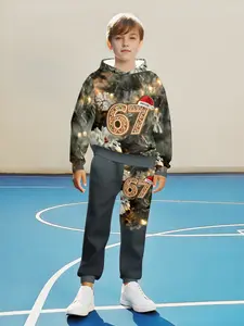 Boys Customized Brian Christmas Cool Set, Gingerbread Number Hoodie, Tree Light Spot Design, Holiday, Casual Fitted Sweatshirt