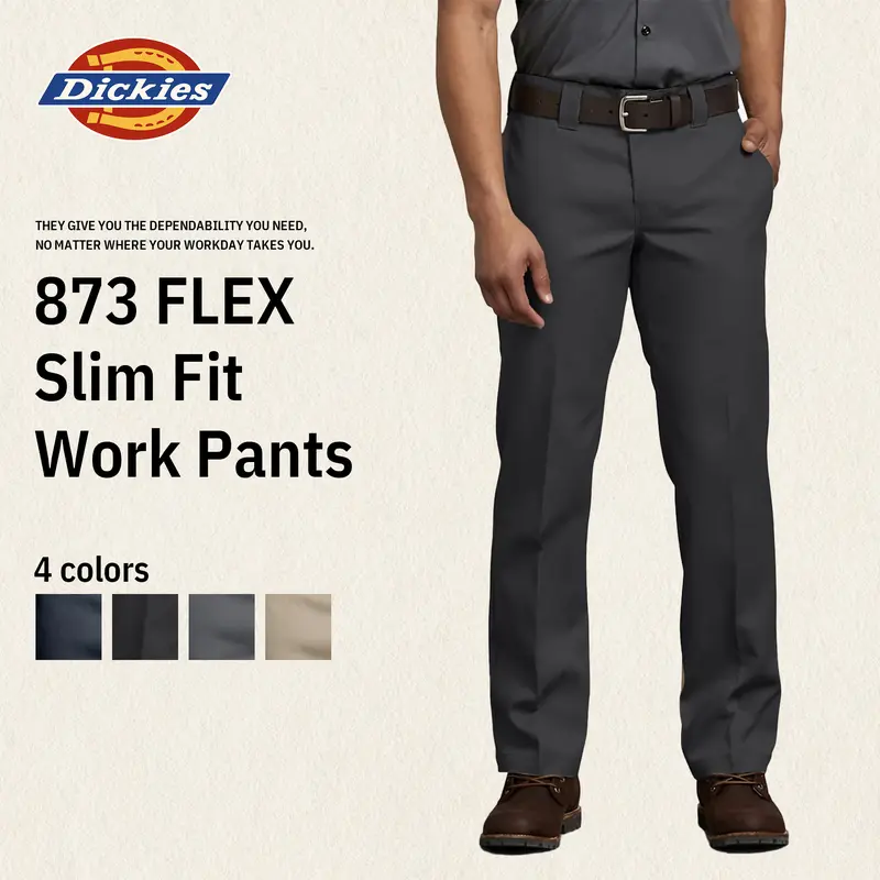 Dickies | Men's 873 FLEX Slim Fit Work Pants, Wrinkle Resistant, Stain Resistant, Moisture Wicking, Slim Fit, Straight Leg,Workwear Casual Style