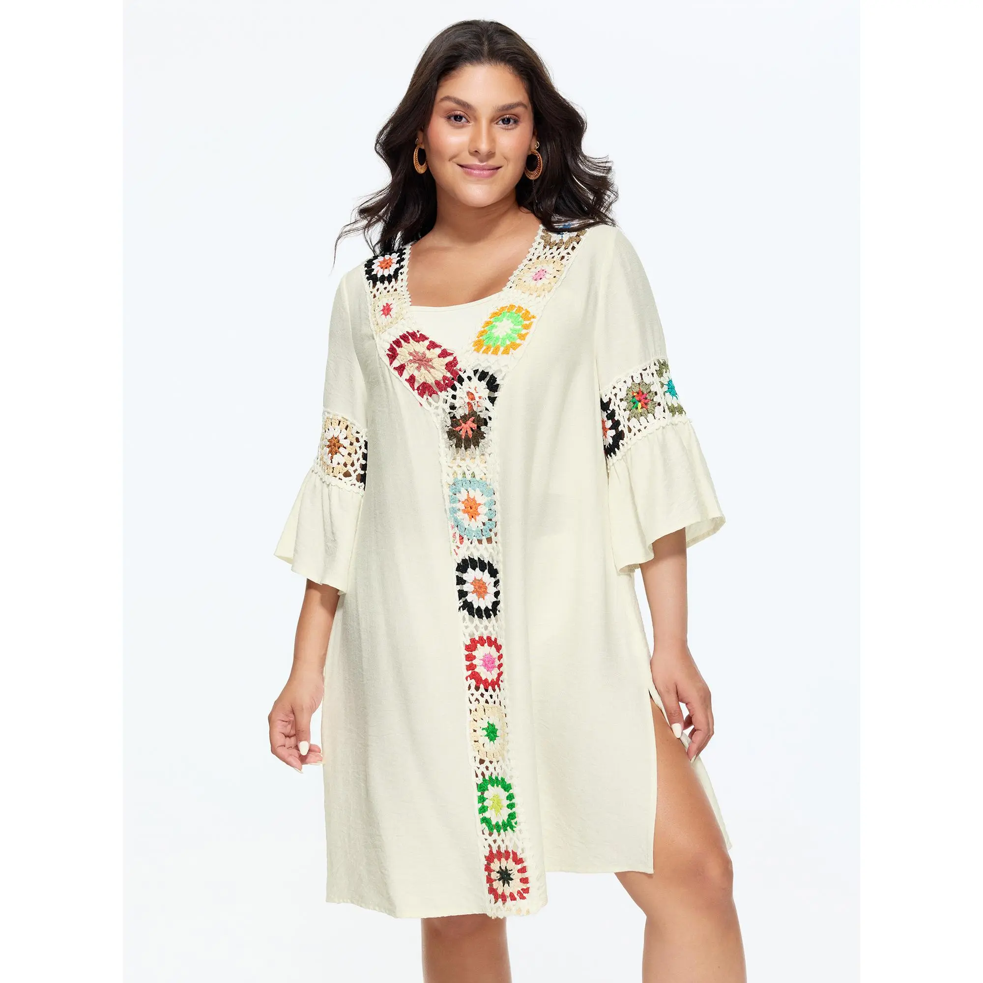BLOOMCHIC Women's Plus Size Supersoft Multi-Color Floral Crochet Split Cover-Up [M-6X] - 2026 Summer Vibes, Cute, Colored, Multi-Size, Resort StylesCute Cover Ups, Colored Cover Ups ,Summerfinds