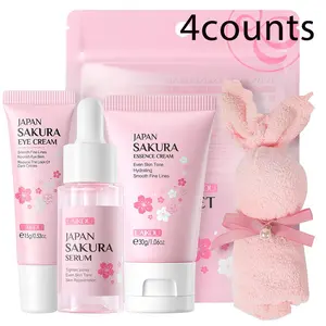 Sakura Skincare Set (4 Counts/set), Moisturizing Serum & Eye Cream & Essence Cream & Rabbit Towel, Hydrating Skin Care Kit for Women Skin Care Sets