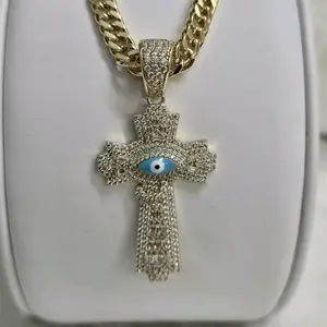 # 0130 Cuban Chain Necklace with Baguette Cross Pendant and Evil Eye Charm Gold Tone Jewelry for Men and Women size 20 "