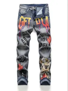 Graffiti "GFT DLA" Flame Print Slim Fit Jeans, Streetwear Denim Pants for Men