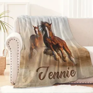 Custom Name Blanket - 1pc, Personalized Horse Design for Sofa, Bed, Travel & Office - Machine Washable, All-Season, Hypoallergenic Knit Polyester