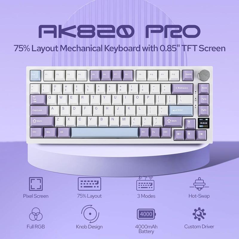 Ajazz AK820 Pro 75% Mechanical Keyboard, Gasket-Mounted Gaming Keyboard with TFT Smart Display&Knob, BT 5.1/2.4G Wireless/Type-C Wired Custom Keyboard