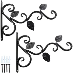 2 count Wall Hook Hanging  Brackets, Metal  Bracket Iron Wall Mount Leaf Black Hangers for Hanging Bird Feeders, Lanterns, Wind Chimes, Planters, Outdoor Decoration Hooks