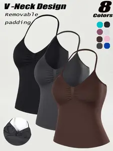 Women's Halter Sports Vest, Detachable Padded Bra, V-Neck Backless Outerwear, High Elastic Fabric, Fashion Workout Top, Sporty Vest, Sleeveless Gym Tops, Yoga Long Vest