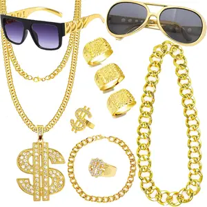 90s Hip Hop 80s Rapper Costume Outfit Kit for Men Women Fake Gold Chain Necklace Dollar Sign Jewelry Accessories