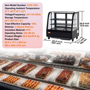 VEVOR Refrigerated Display Case, 3.5 Cu. Ft./ 100L, 2-Tier, Countertop Pastry Display Case Commercial Display Refrigerator with LED Lighting, TURBO Cooling, Frost-Free Air-Cooling, Rear Sliding Door
