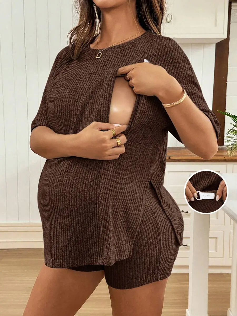 SAMT 2 Piece Maternity Set Solid Color Round Neck Nursing Top And Adjustable Waist Casual Shorts