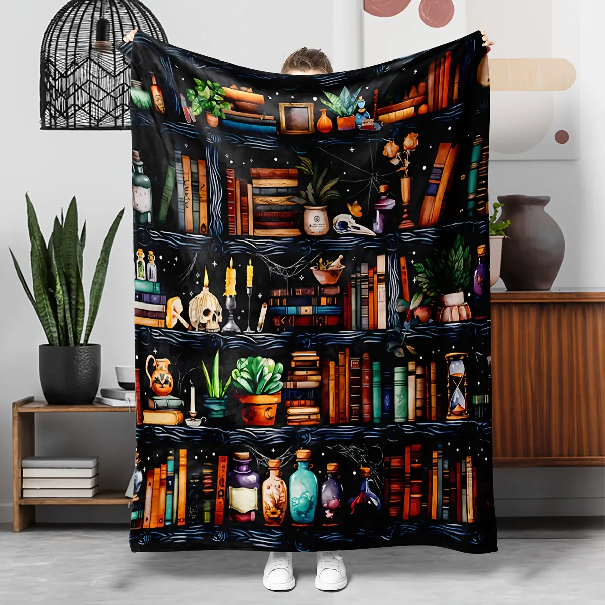 1 Piece Handmade Crochet Magic Bookshelf Flannel Blanket - Gothic Fantasy Magic Library Theme with Books,Potions,Skulls,Candles,Soft,Breathable,Wrinkle-Resistant,Machine-Washable,All-Season Bedding Throw for Adults,Whimsical Home House Room Decor