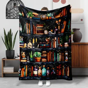 1 piece Magic Bookshelf Flannel Blanket - Magic Library Theme, featuring books, potions, skulls, and candles - Gothic fantasy design, suitable for a cozy reading nook in any season, machine washable soft bedspread