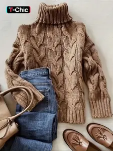 Elegant Autumn & Winter Twisted Rope Sisal Pattern Knitted Sweater, High Neck Long Sleeve Fitted Knit Pullover for Women, Womenswear, Casual Comfort Wear Knitwear Tops, Knit Clothing Daily